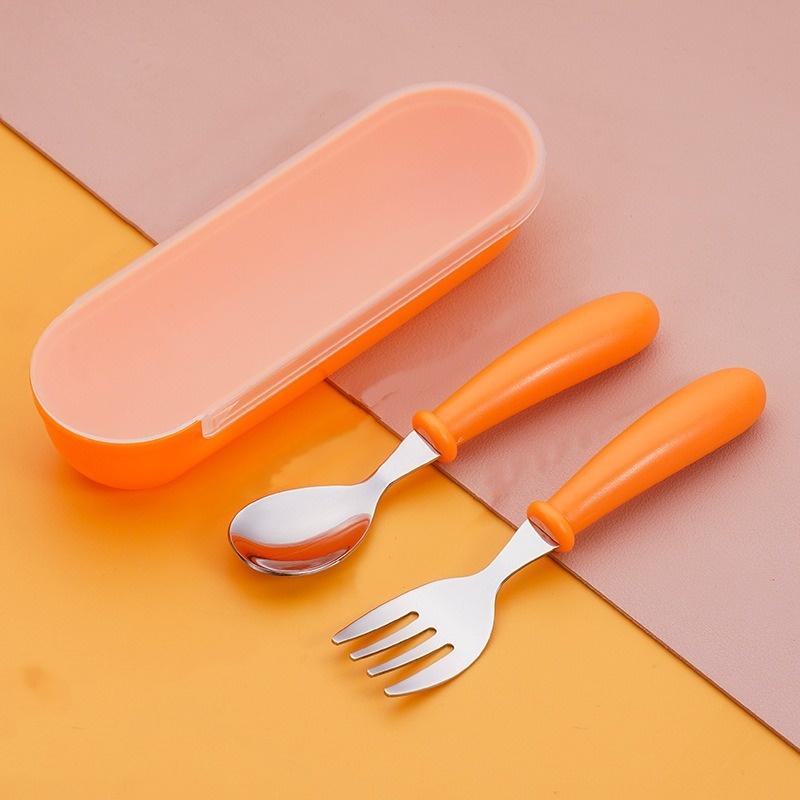 

2 шт. Детские ложки-вилки, коробка для детей, детские столовые приборы из нержавеющей стали, переносные детские столовые приборы для кормления, детские ложки, набор детской посуды оранжевый