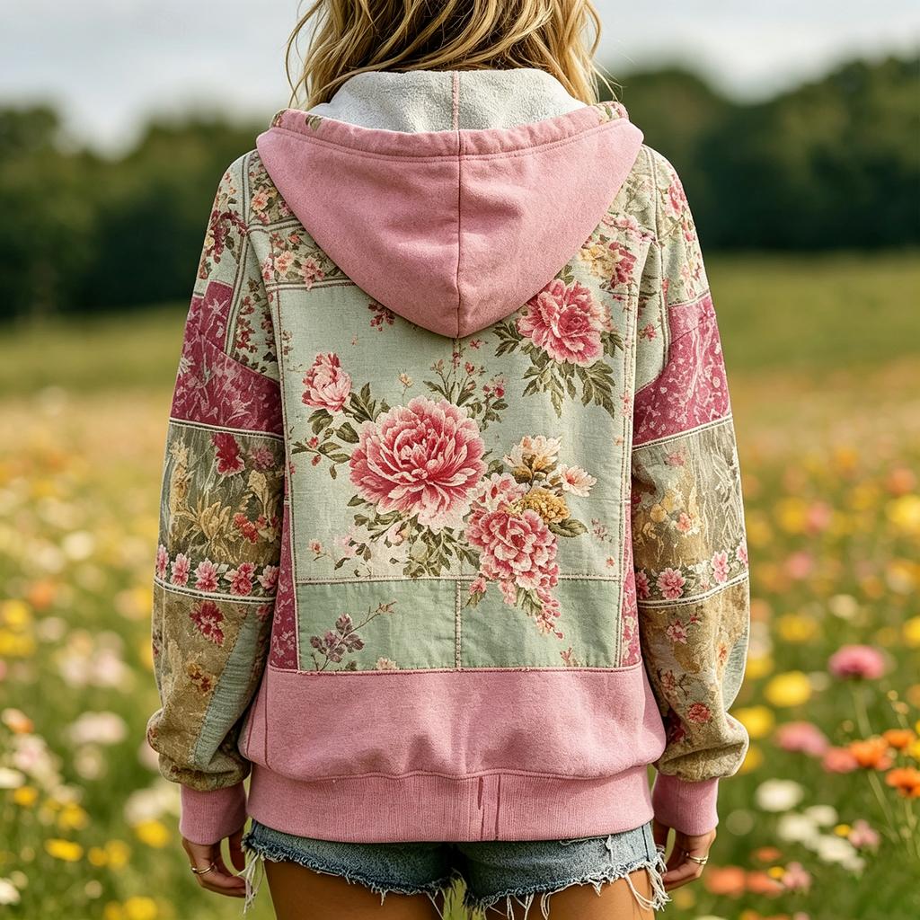 Women's Casual Hooded Sweatshirt with Zipper Pockets Printed Design