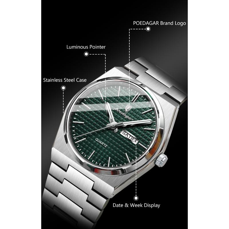 POEDAGAR Luxury Business Men's Quartz Watches Date Week Man Stainless Steel Watch Waterproof Luminous Fashion Wristwatch+Box