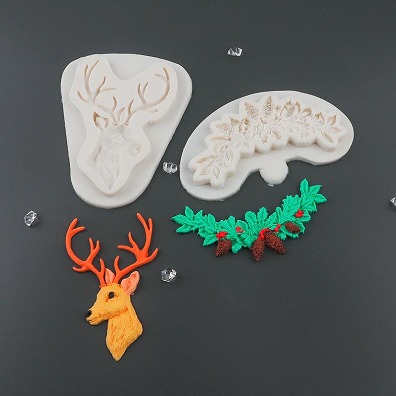 3D Christmas Reindeer/Pine Nut Leaf Wreath Silicone Mold Fondant Chocolate Mould Diy Clay Model Cake Decorating Tools Bakeware