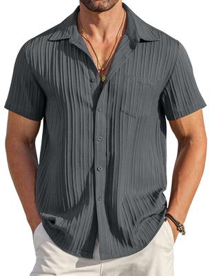 COOFANDY Short Sleeve Shirt with Textured Summer Aloha Solid Loose Open Plus Sizes Available Men's Fabric, Smooth, Casual, Style, Breathable, Cooling,