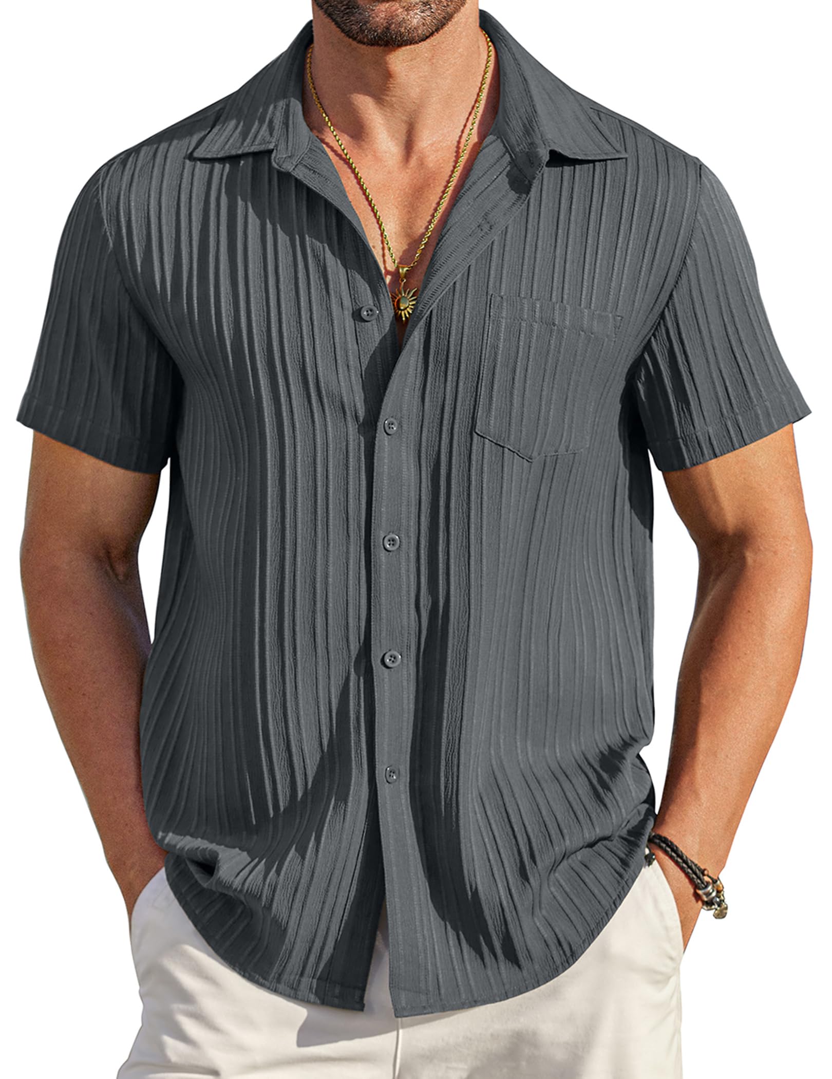 

COOFANDY Short Sleeve Shirt with Textured Summer Aloha Solid Loose Open Plus Sizes Available Men s Fabric, Smooth, Casual, Style, Breathable, Cooling,