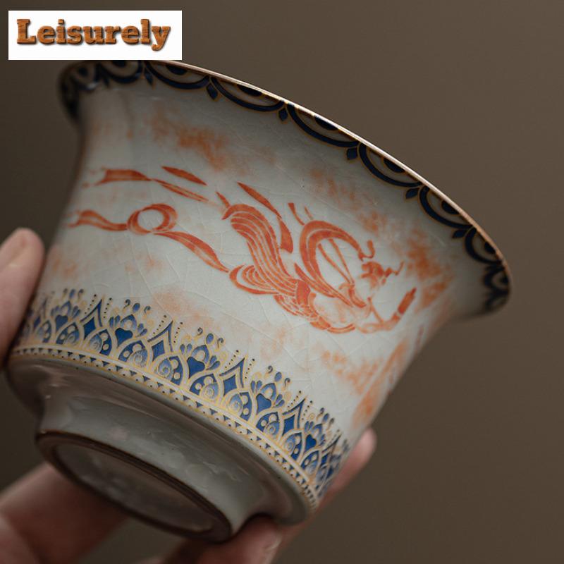 170ml Imitation Song Ru Kiln Gaiwan Traditional Dunhuang Apsaras Horseshoe Tea Tureen Tea Making Cover Bowl Teaware Craft Gifts