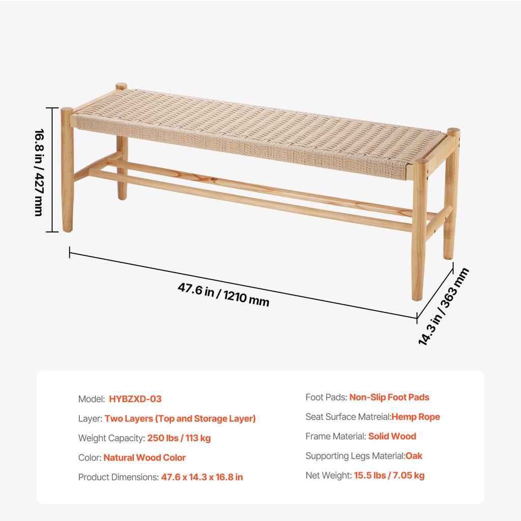 VEVOR Wooden Rattan Bench Entrywway Bench W/ Oak Wood Legs Bedroom End of Bed Boho Bench with Hand Woven Rattan for Living Room