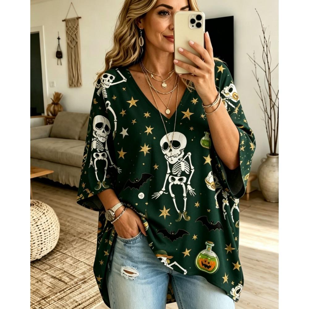 Halloween Printed T-shirt, Pumpkin Lantern Ghost T-shirt, Plus Size Women's V-neck Bat Sleeve Seven Quarter Sleeve Casual Top