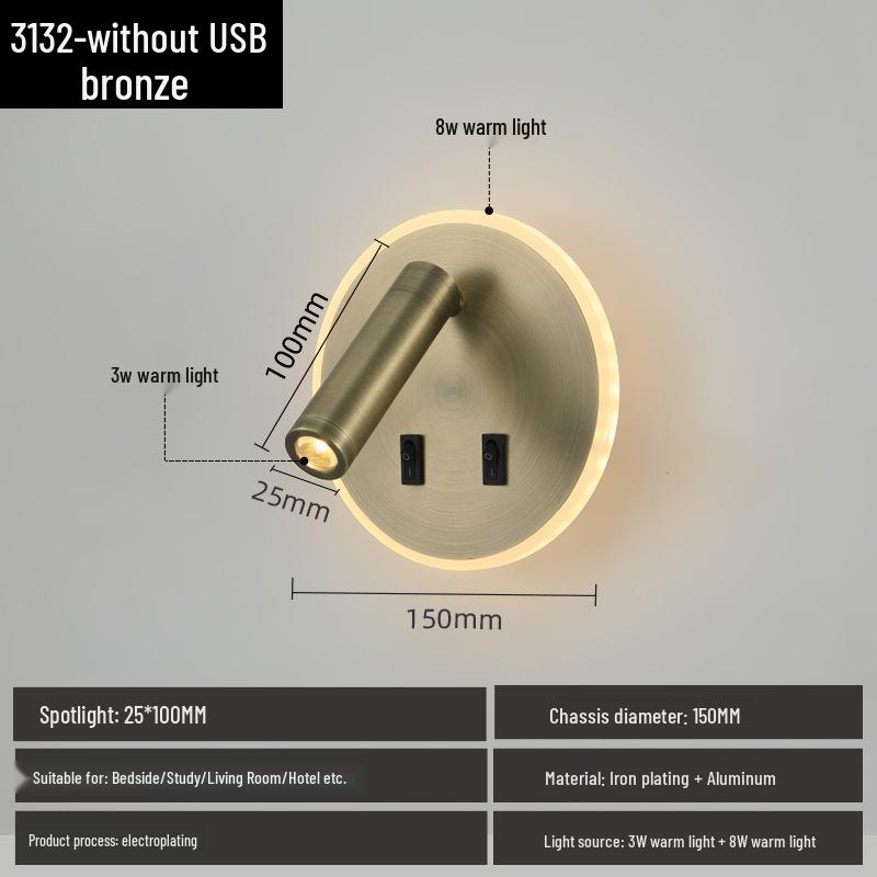 Applique Murale LED Ronde Minimaliste avec Interrupteur et Port de Chargement USB pour Chambre à Coucher Lecture