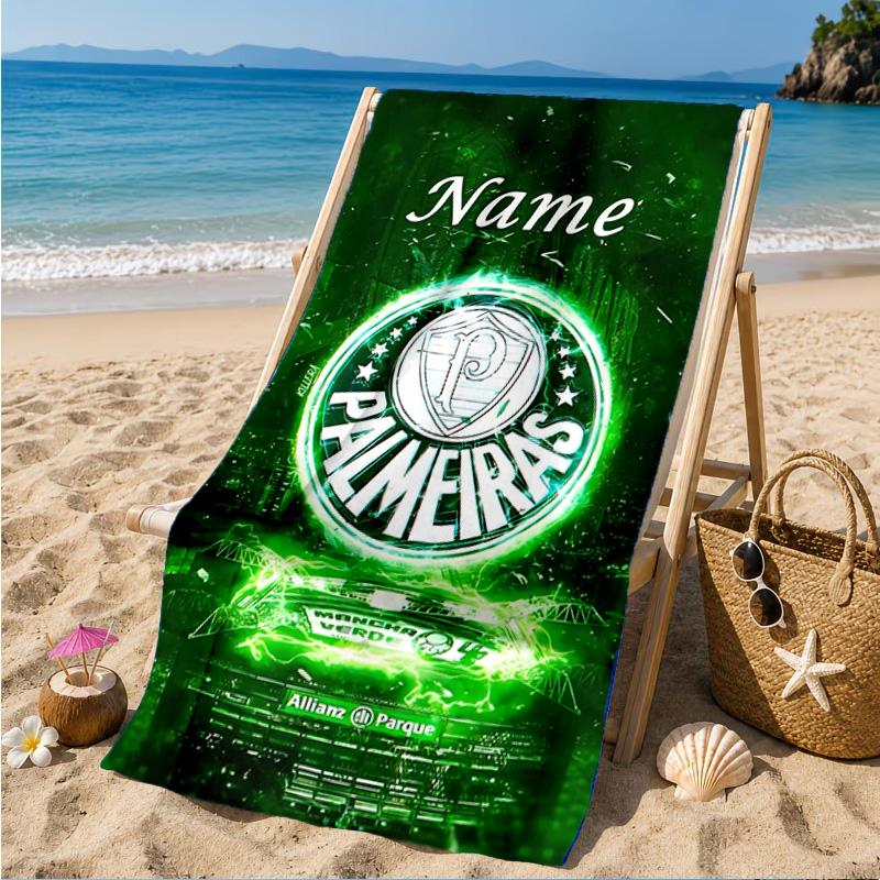 Custom Name Beach Towel Green Palm Tree Emblem Microfiber Beach Towel, Lightweight for Summer Travel, Swimming Pool Fan Birthday Gift