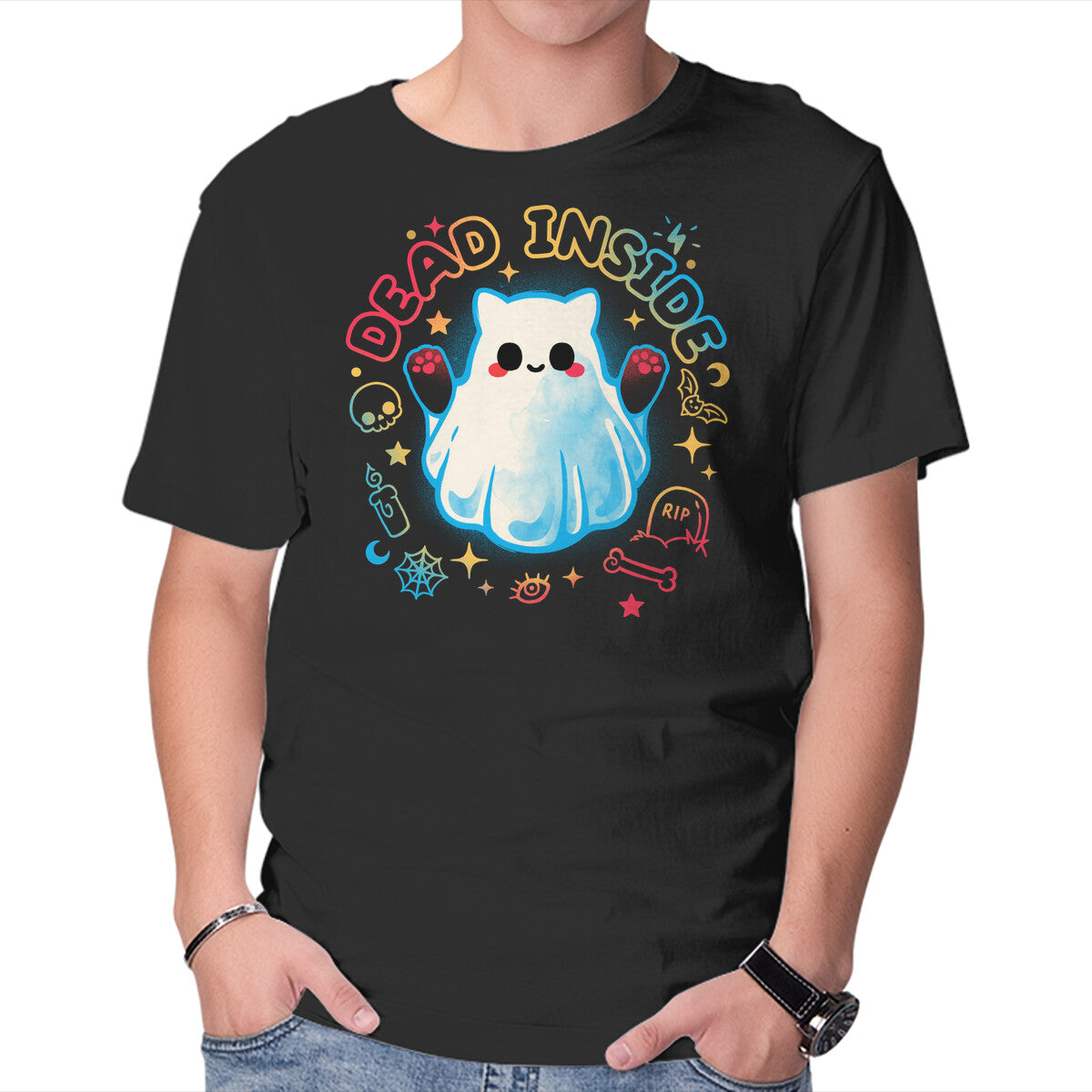 Unisex Crew Neck T-Shirt Cat Ghost Dead Inside Graphic Short Sleeve Casual Tee XS