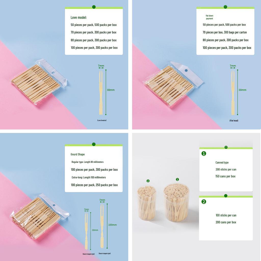 Bambus-Fruchtgabel in Herzform - Zweizinkig, Einweg, Einzeln verpackt, Ideal für Desserts und Kuchen.