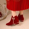 Winter New Thick Heel Cotton Boots Women Pointed Suede Side Zipper Butterfly Knot Short Tube Wedding Shoes