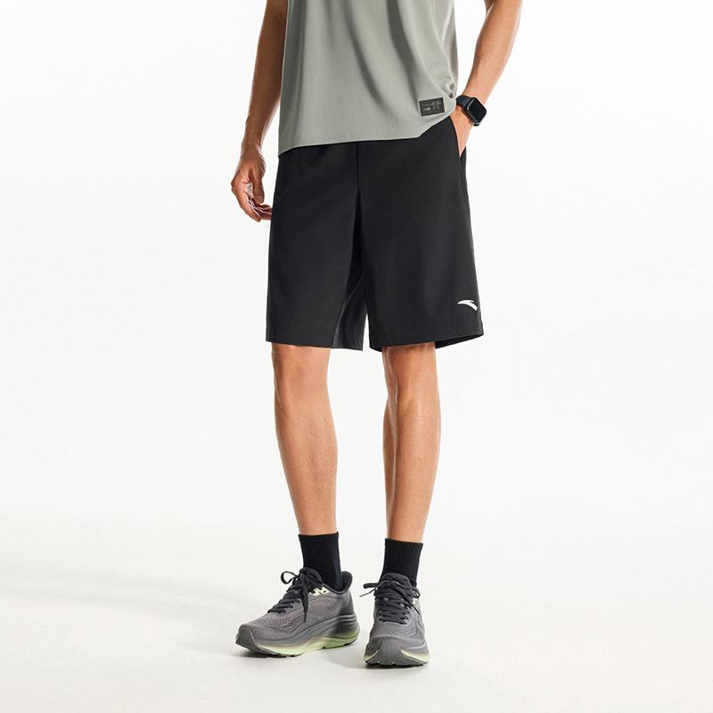 Anta Training Series Solid Color Logo Print Elastic Waist Straight Leg Sports Casual Woven Shorts Men Shorts Black 952627502-3