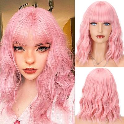 Parrucche Sintetiche Corte Ondulate Rosa con Frangia Fibra Termoresistente Parrucche Bob Nere Castane per Donne Cosplay Capelli Naturali