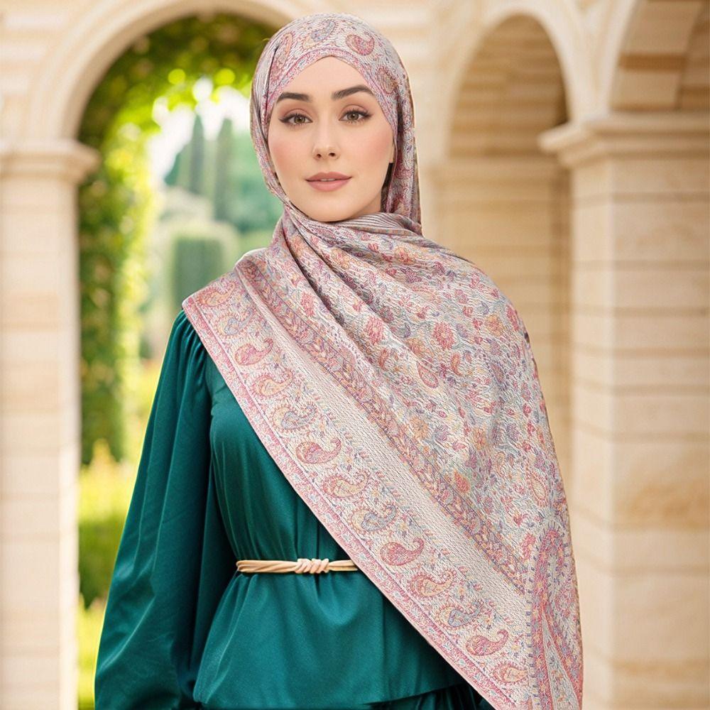 Jacquard Hijab Scarf Printed Islamic Turban Elegant Ethnic Style Scarf  Female