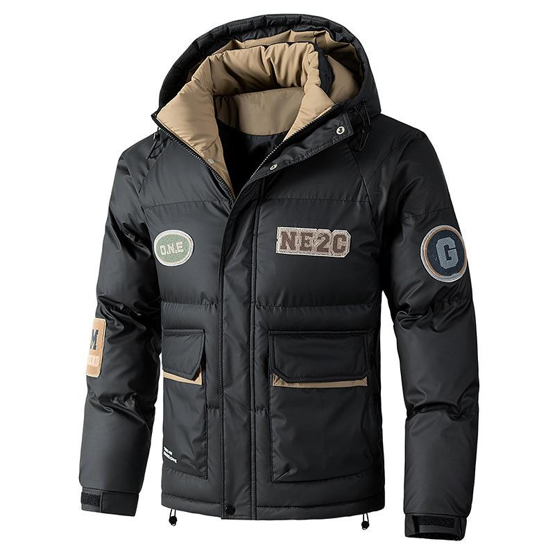 

Зимняя хлопковая куртка с капюшоном, Мужская кожаная хлопковая куртка, Утепленная теплая хлопковая куртка, Модная хлопковая куртка L чёрный