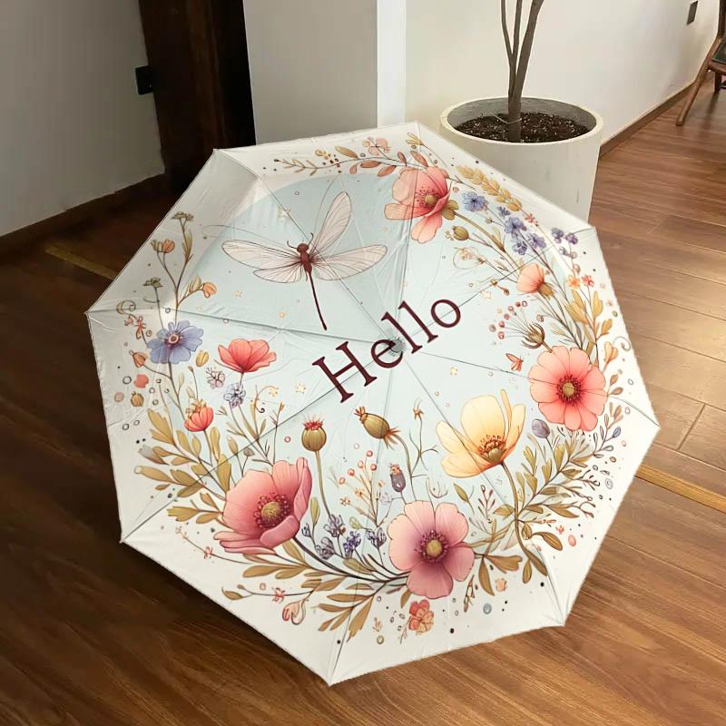 

Floral Wreath Dragonfly Design Automatic Folding Umbrella - Portable 3-Fold Design with Iron Frame, Perfect for Fans, Travelers, Daily Use,