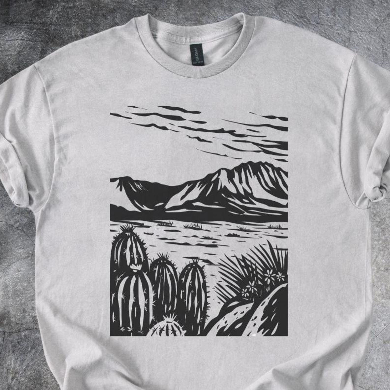 Desert Cactus Shirt Bold Landscape Woodcut Illustration Tshirt Cotton Style Tee Short Sleeve Light Gray 100