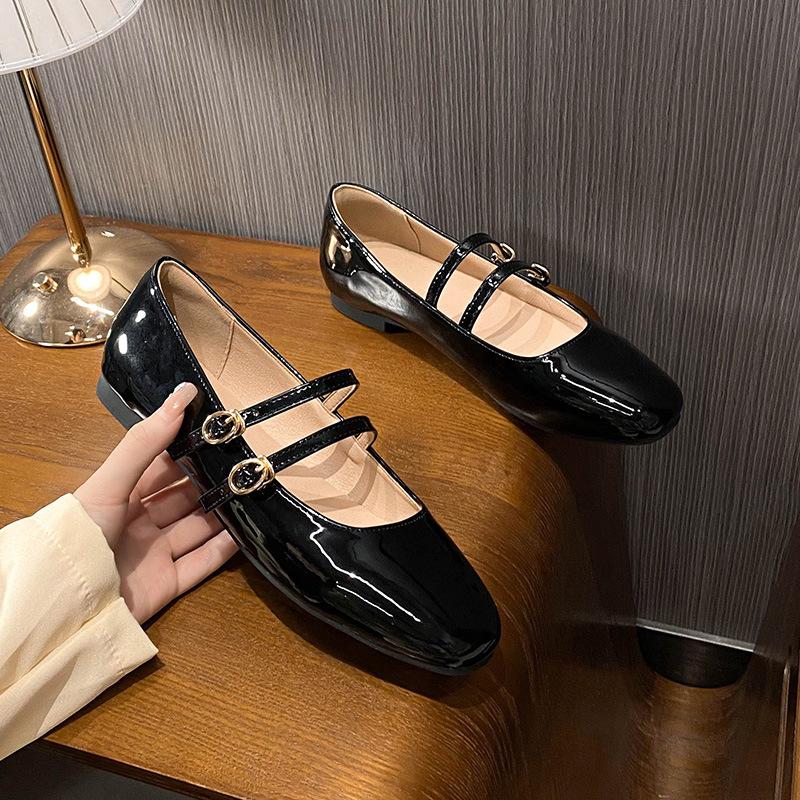 Fashion Double Belt Strap Mary Janes Woman Lolita Ballets Shoes Ladies Japanned Leather Flats Female Round Toe Brides Wedding Ballerinas