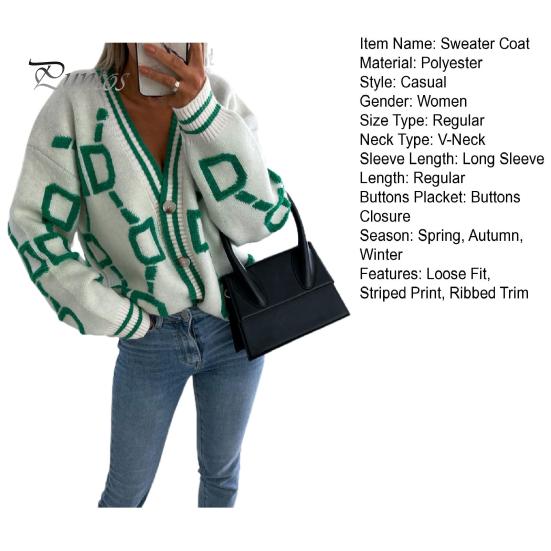 Cardigan V Neck Long Sleeve Ribbed Trim Knitted Coat Autumn Knit Winter Striped Pattern Buttons Placket Loose Sweater Outerwear Women Knitwear