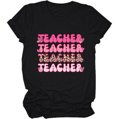 Women's Happy Teacher Bright Student Printed Tee Funny Teacher's Day T-Shirt Back To School Graphic Teacher Tops