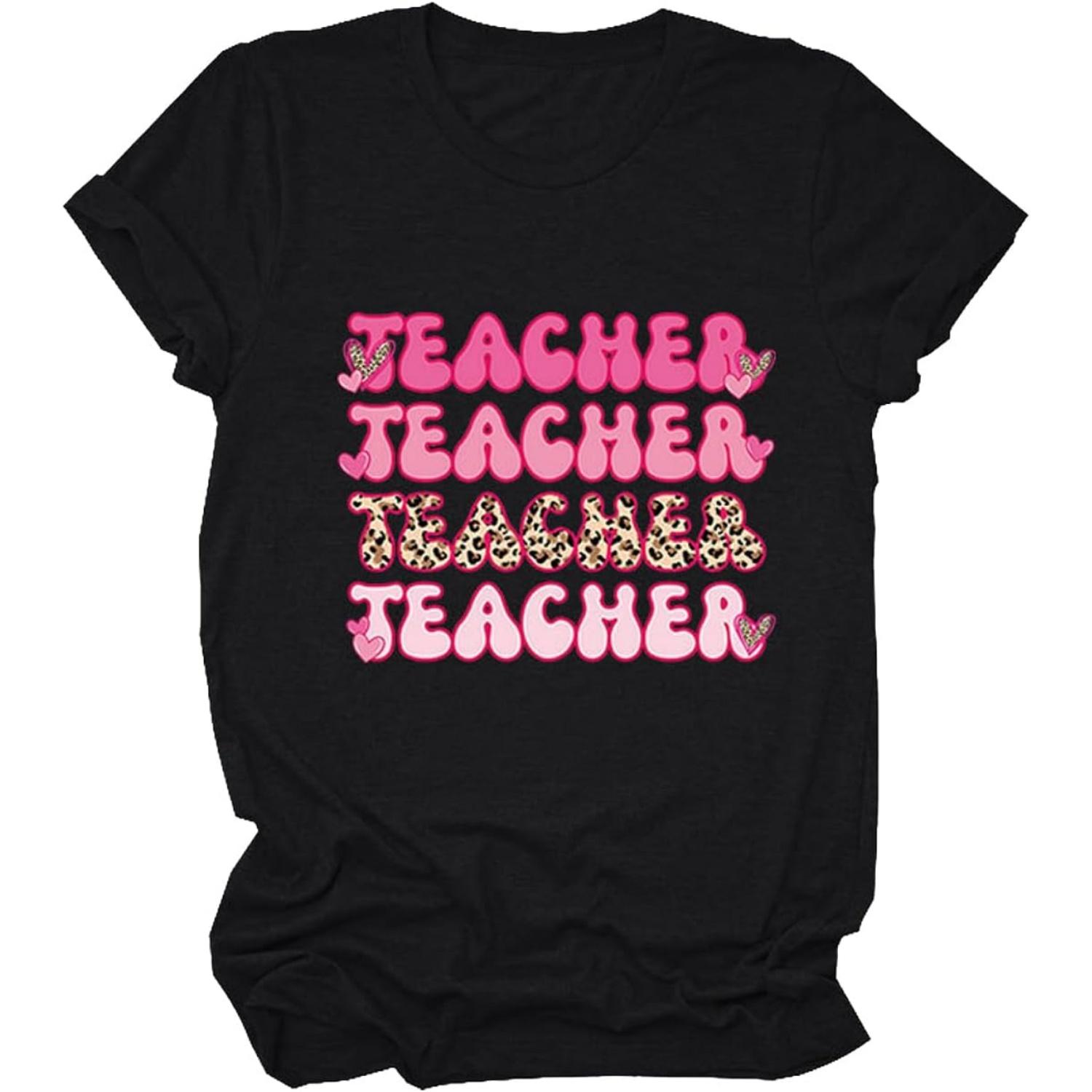 Women s Happy Teacher Bright Student Printed Tee  Funny Teacher s Day T-Shirt Back to School Graphic Teacher Tops S чёрный