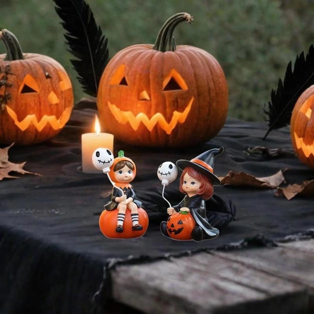 2pcs Cute Pumpkin Girl Figurines Witch Doll Halloween Party Ornaments  Bedroom Desk Decoration