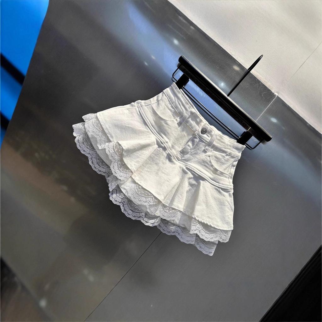 Women's High Waist Denim Mini Skirt A Line Fit Lace Ruffle Layered Cake Skirt Summer Sweet Flared Jean Skirt