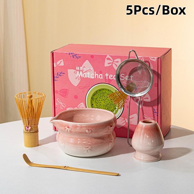 5Pcs Pink Japanese Style Matcha Making Kit Ceramic Matcha Bowl Cute Tea Cup With Spout Complete Tea Brewing Matcha Tea Set