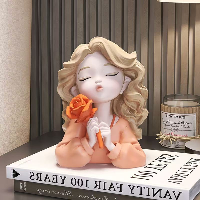 Wavy Blonde Hair Girl Figures Rose Flower Statue Desk Decoration Exquisite Character Resins Sculpture Room Aesthetics Decor