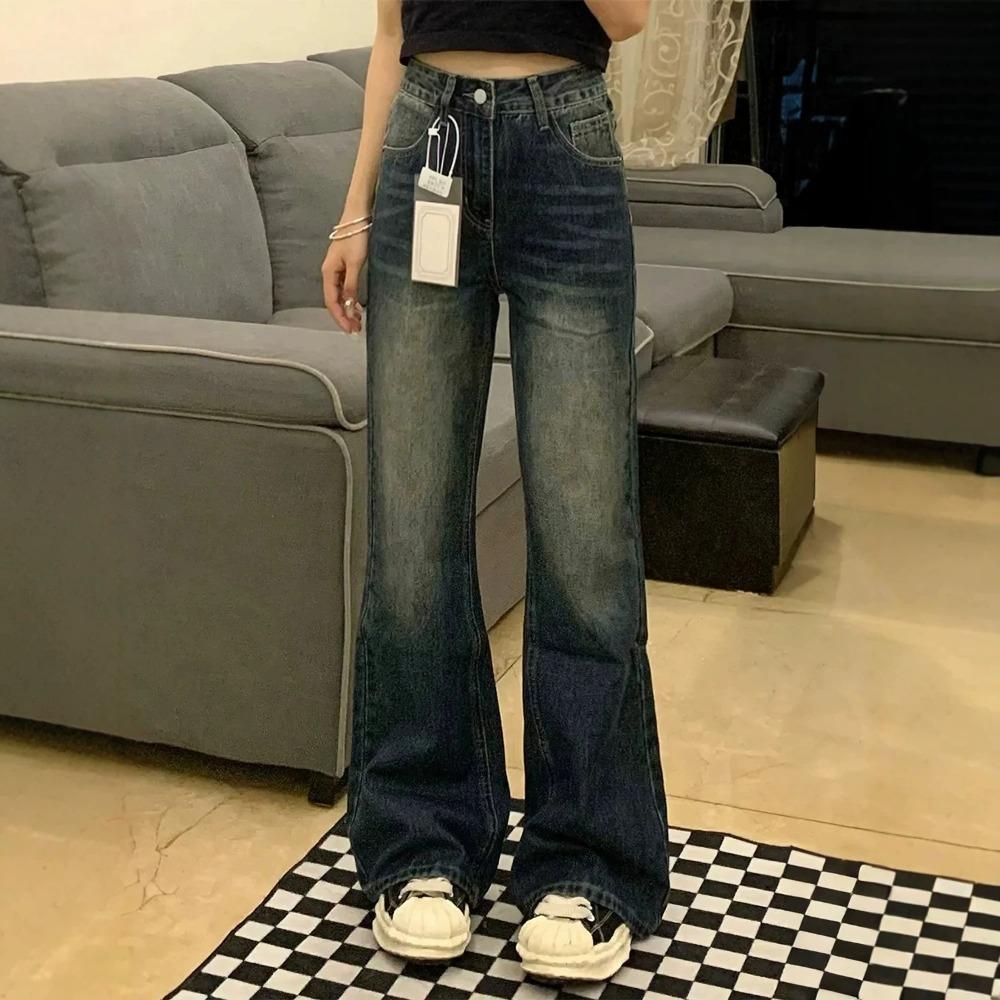 Women's High Waist Flare Jeans Loose Fit Vintage Washed Non Stretch Wide Leg Denim Trousers