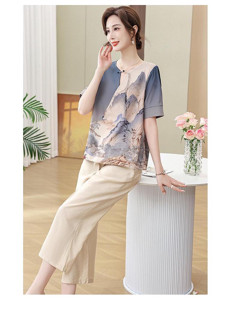 Mom's Summer Short Sleeve Blouse Set: 2025 Stylish Top for Middle-Aged & Elderly Women