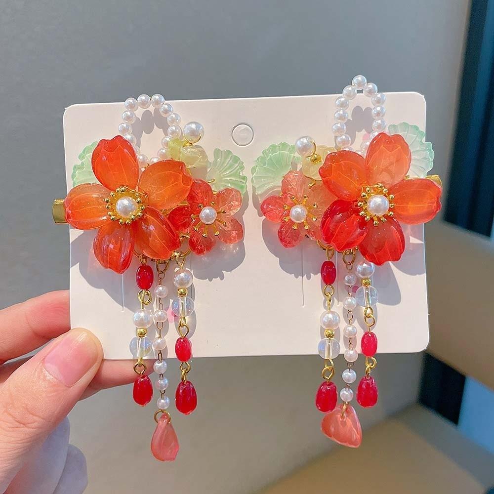1 Pair Double Clip Hanfu Hair Clips Vibrant Color Floral Tassel Pearl Bunny Hair Clips Secure Grip Delicate Craft Fairy Hairpins