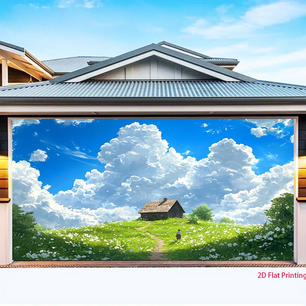 2D plane, small house in the white flower field, suitable as a background for parties and outdoor activities, polyester fiber