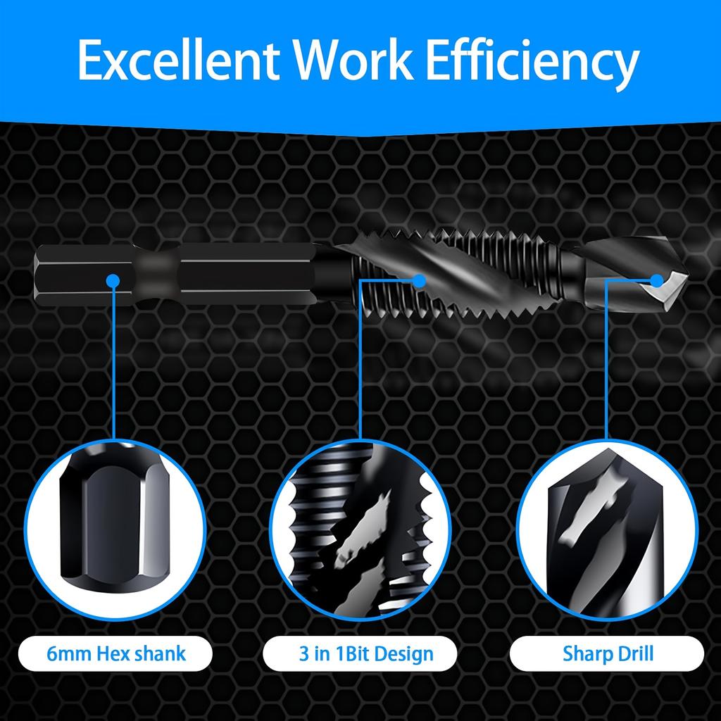 6pcs Set Cobalt Drill Bits and Taps | Combination Drill Bits, Taps, and Tap Heads Set with Countersink and Deburring Features, Metric Sizes M3 To M10