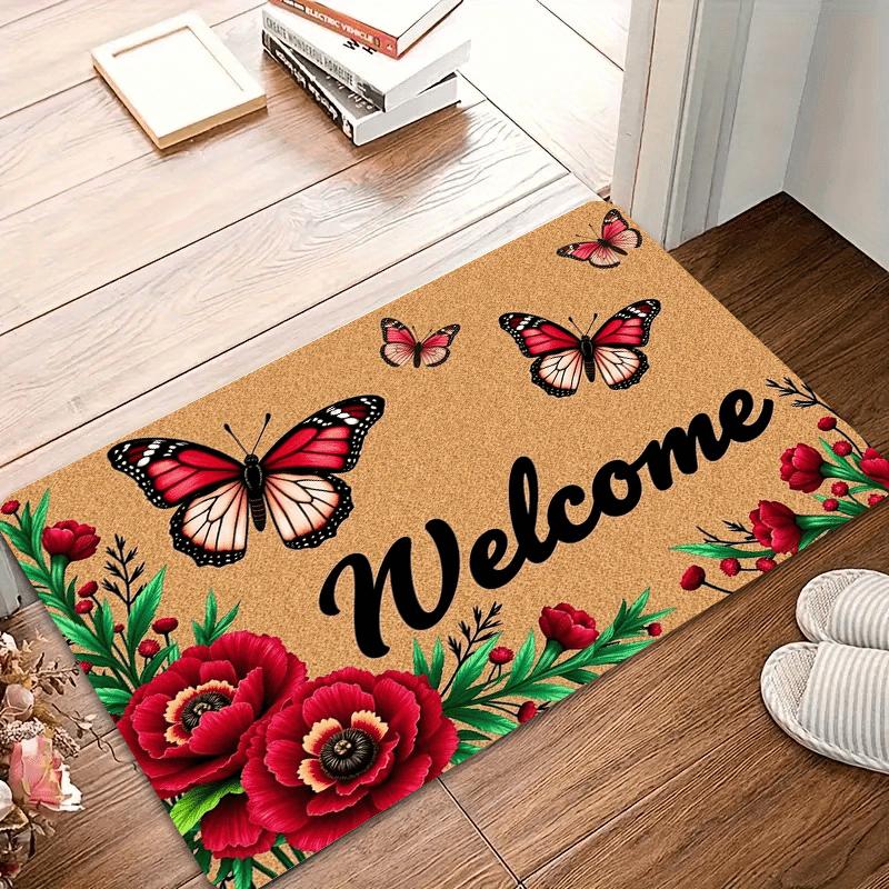 Floral Welcome Entrance Mat, Non-Slip Washable Floor Rug, Indoor Outdoor Home Decor