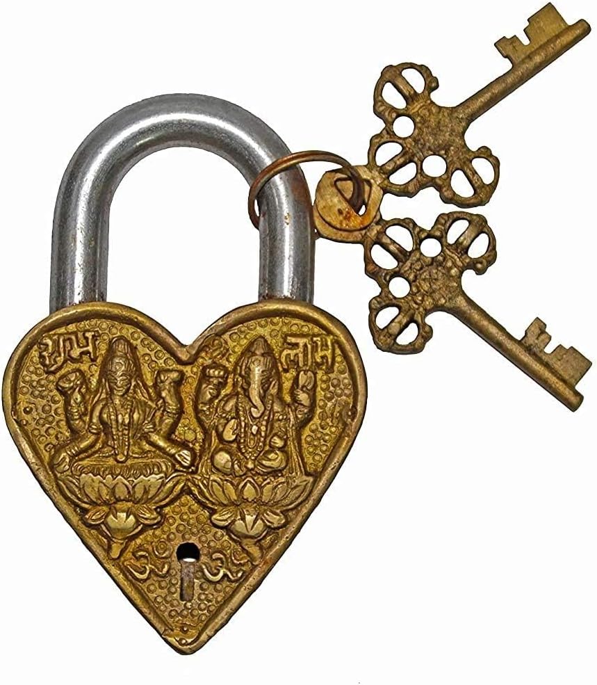 

TreegoArt Emporium Brass Heart Shape Lock of Lakshmi and Ganesha Design Decorative Lock - 4.5 Inches Height Padlock золотистий