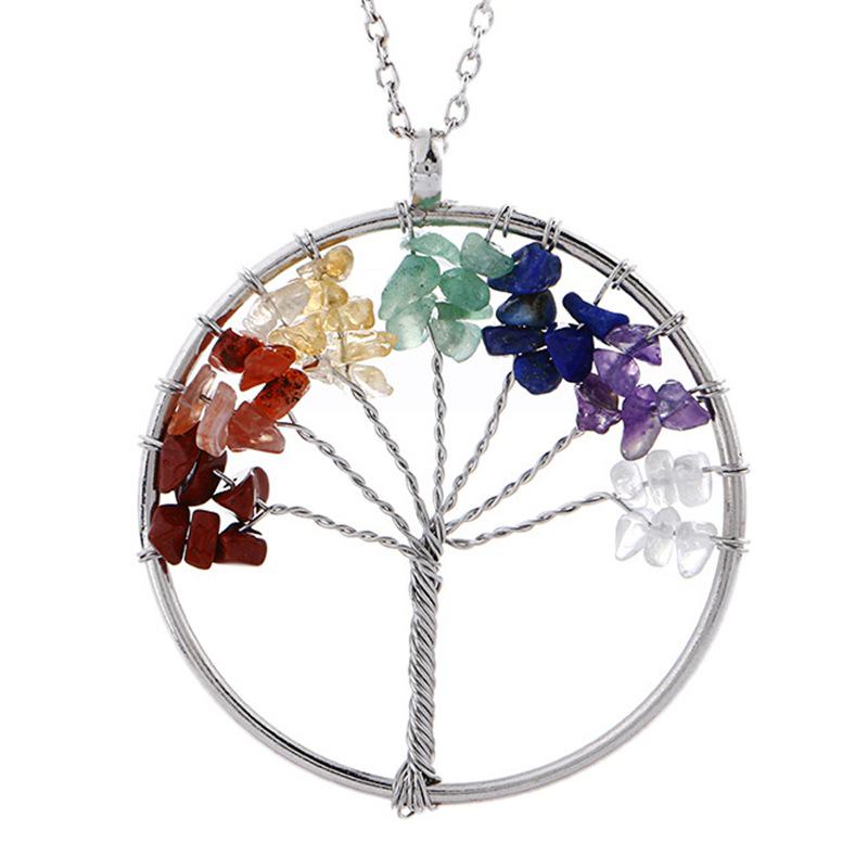 7-Color Crystal Tree of Life Pendant Necklace - Handmade Wire-Wrapped Gemstone Wealth Tree Ornament