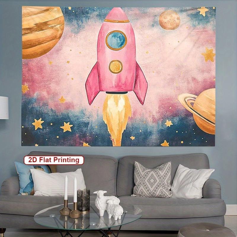 

Pink Rocket Tapestry Watercolor Space Scene with Stars and Planets Whimsical Design for Bedroom or Dorm 74x94cm(29x37in)