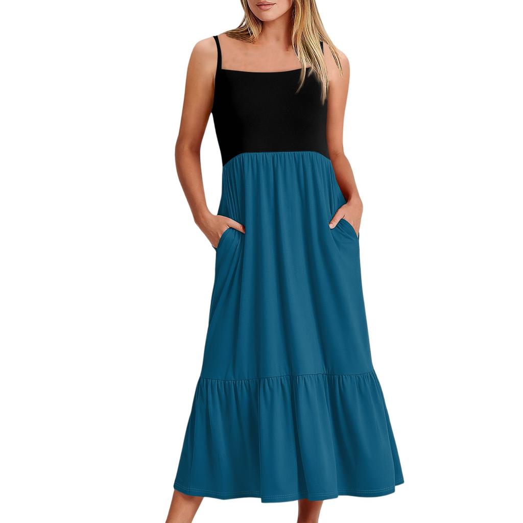 Women's Long Beach Casual Elegant Spaghetti Strap Maxi Dress Stitching Low-key Flowing Bohemian Dress
