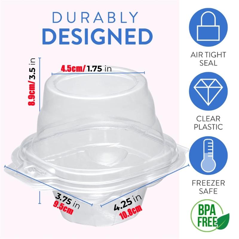 Individual Dessert Packages in Clear Plastic with Hinged Domed Covers and Fold-Over Fasteners for Takeout Display