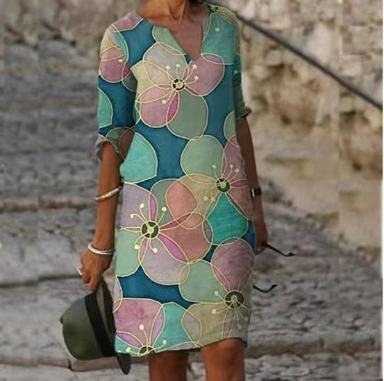 2025 Spring Vintage V-neck Retro Print Midi Dress for Women