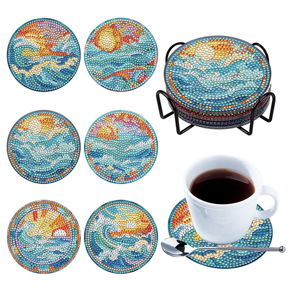 Special Shape Diamond Painting Coasters Kits Sun Stain Glass 6PCS Full Drill Diamond Coaster Dolphin Stain Glass Bee Stain Glass