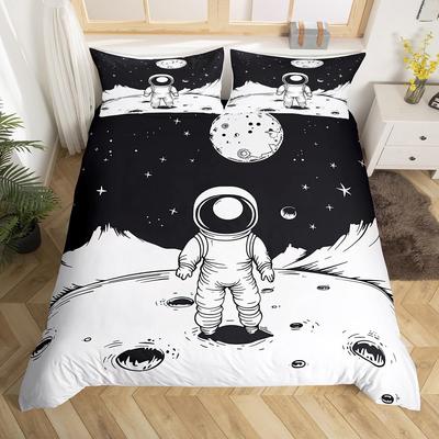 Kreskówkowa poszewka na kołdrę z astronautą, zestaw pościeli Kosmos Planeta, rozmiar Queen, ilustracja szkicowa, poszewka na kołdrę z gwieździstym niebem dla dzieci, chłopców