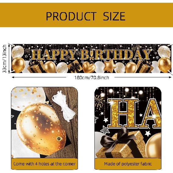 Black & Gold Glitter Birthday Banner - Elegant Balloon & Star Design with Sparkling Text, Premium Party Decor for Indoor/Outdoor Celebrations