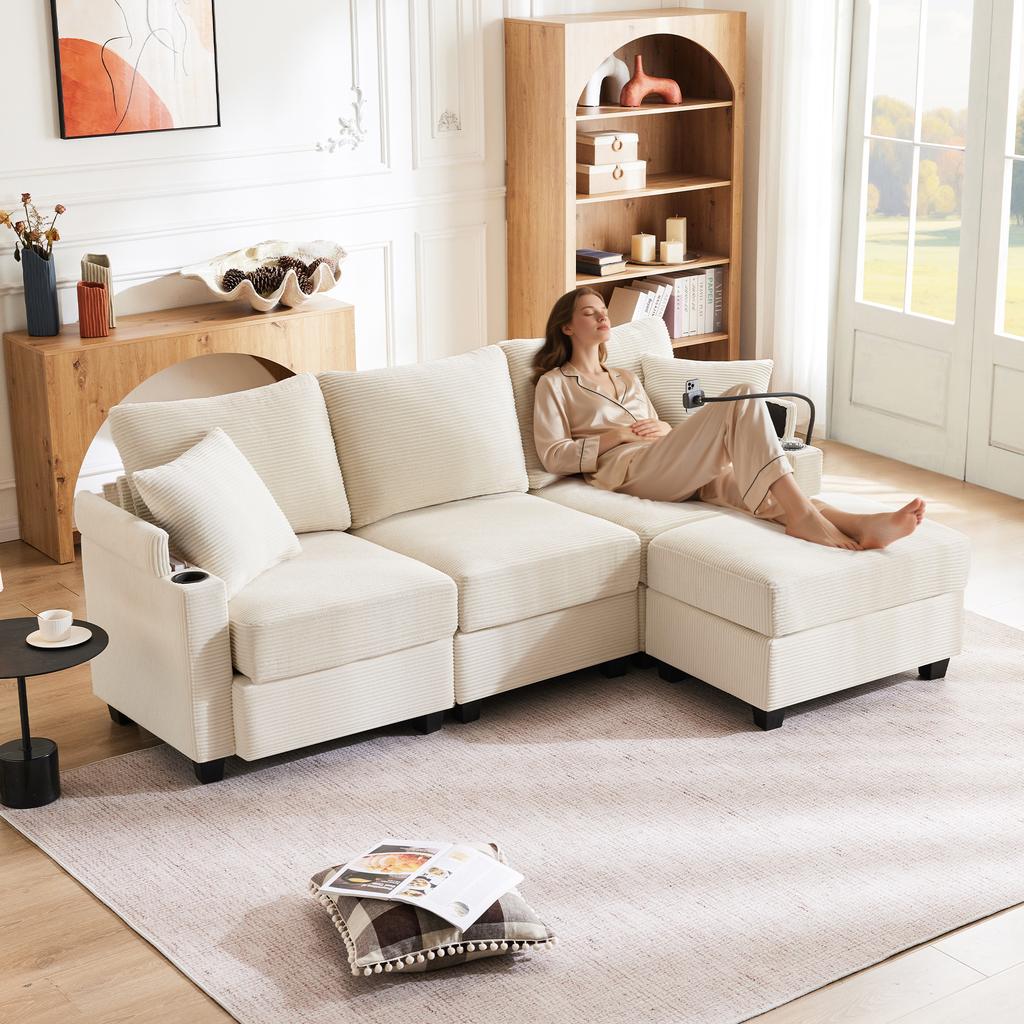 L-Shaped Corner Sofa, Convertible 3-Seater with Footstool, Cup Holder, USB Charger, Armrest Tray and 2 Cushions, Living Room/Office/Apartment, Beige