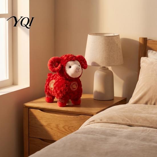 Plush Toy for Holiday Gifting Auspicious Sheep Toy, Chinese Zodiac Mascot Lamb Doll with Festive Fu Lucky Character Embroidery Character, Cute