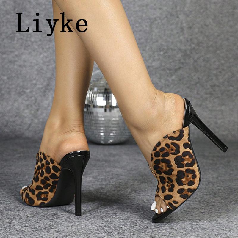 Fashion Liyke Sexy Leopard Print Women's High Heels Slippers Fashion Peep Toe Stiletto Shoes Mules Slides Summer Sandals Zapatos Mujer