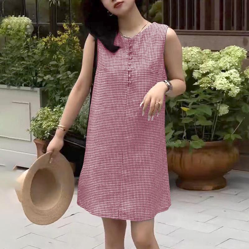 

ZANZEA Womens Summer Casual Grid Print Sleeveless Dress 4XL вино красного