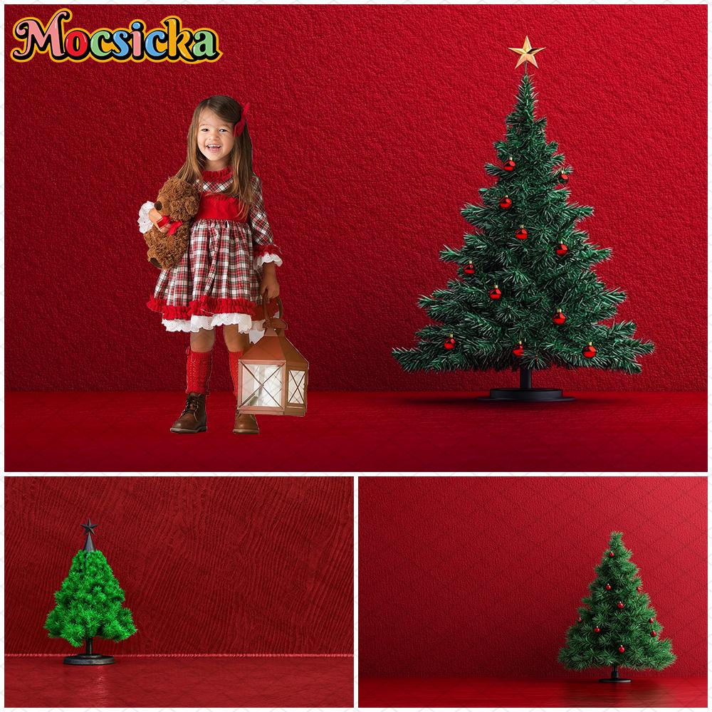 Mocsicka Christmas Photography Background Green Xmas Tree Red Wall Decoration Family Children Adult Photo Backdrop Studio Banner