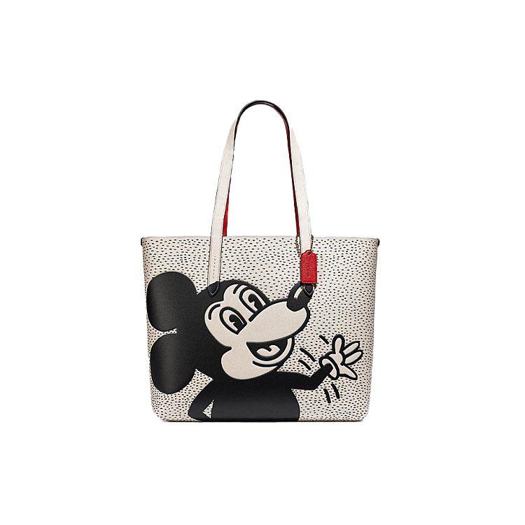Coach X Disney X Keith Highline 36 Mickey Print Leather Tote Bag Women tote Pink White C0895-B4HA Basic Set (Bag+Dust Bag)