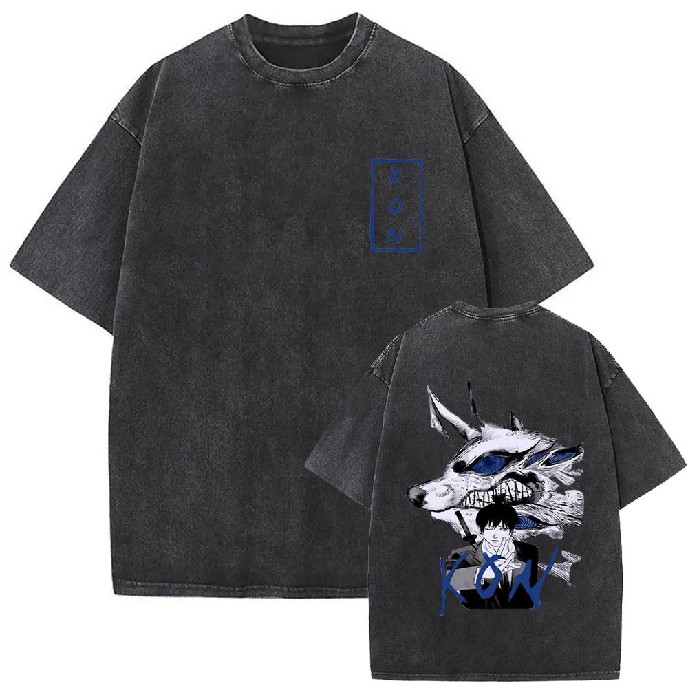 Anime Chainsaw Man Vintage Washed Women's T-shirt Hayakawa Aki Summon Kon Fox Devil Graphic T Shirts Men Women Casual Fashion T-shirts